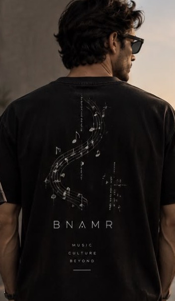 Frequency Tee back with large music-staff graphic