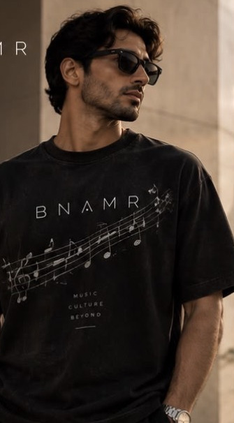 Frequency Tee worn, front with music-staff print