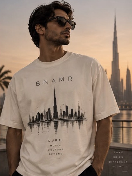 Skyline Tee worn, white with Dubai skyline print